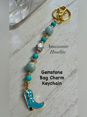 2/$40 - Gemstone Cowboy Boot Bag Charm Keychain - Amazonite & Howlite